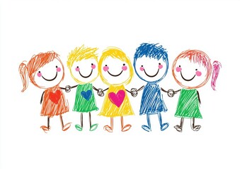 Fototapeta premium A simple drawing of children holding hands, smiling and wearing rainbow-colored with hearts on them, in a clip art style white background Generative AI