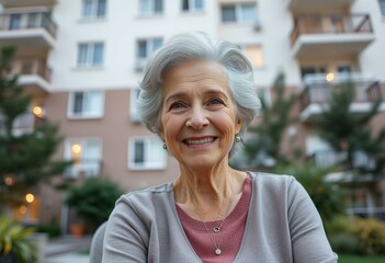 Fototapeta premium Happy elder woman sitting in front of residential apartment building