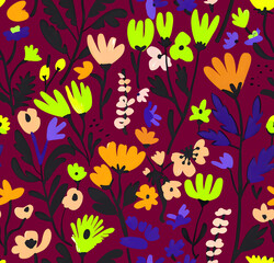 Vibrant seamless floral pattern with colorful flowers, leaves and berries on a neon background. Perfect for textiles, wallpapers and digital projects. Botanical elegance in a uniform style.