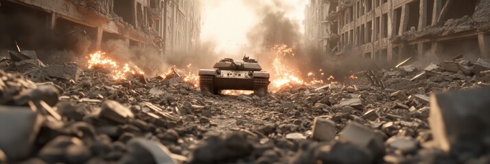World war ii urban battle scene with tank amidst ruins