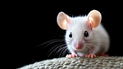 Cute white mouse on fabric, dark background. Pet portrait for website, blog, or print