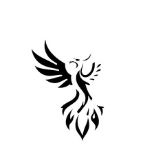 Phoenix Silhouette: A black and white minimalist illustration of a soaring phoenix with outstretched wings, on a white background.