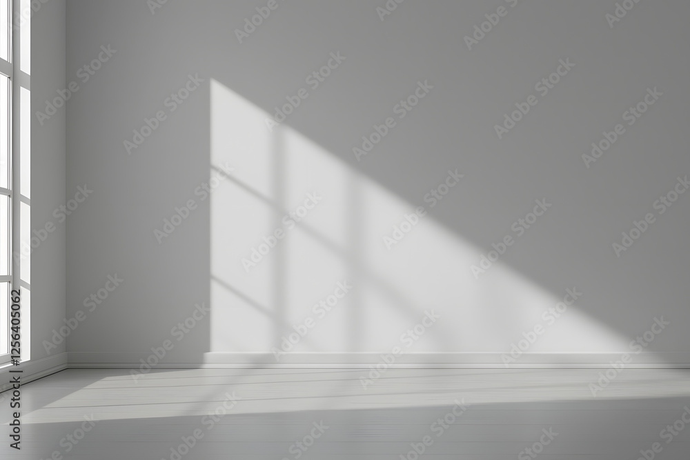 Poster bright empty room with sunlight streaming through a window, creating a shadow pattern on the wall. m