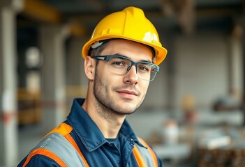 Photorealistic portrait of a male constructor worker on a construction site