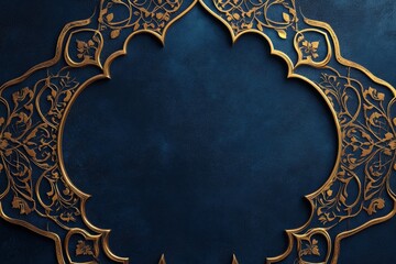 Elegant Ornate Golden Frame on Deep Blue Background Perfect for Eid Mubarak Greetings, Ramadan Kareem Celebrations, and Festive Invitations with Ample Copy Space for Custom Messages