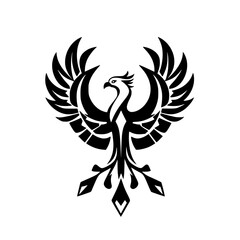 Black stylized phoenix in flight, minimal monochrome design, with an illustrative effect.