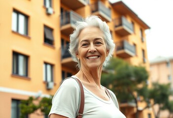 Fototapeta premium Portrait of a happy elderly woman standing in front of a residential building