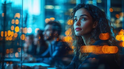 Obraz premium A focused woman gazes thoughtfully out the window in an urban workspace, embodying contemplation and creativity amidst data-driven scenery.