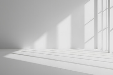 Obraz premium Minimalist white room flooded with natural light through window casting shadows on the wall and floor, clean simple design.