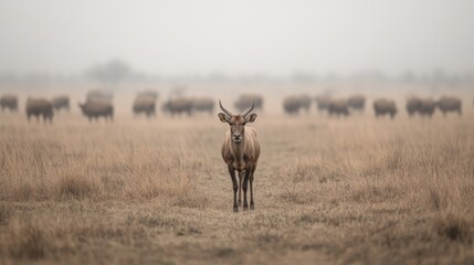 Naklejka premium Antelope facing camera, bison herd background, misty grassland, wildlife photography