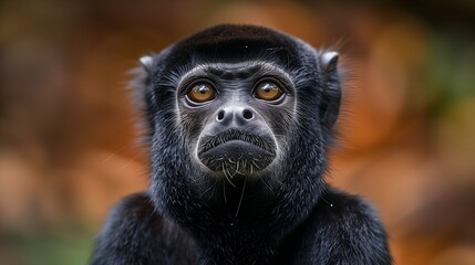 Obraz premium A close-up of a black monkey with striking eyes and detailed fur against a blurred background