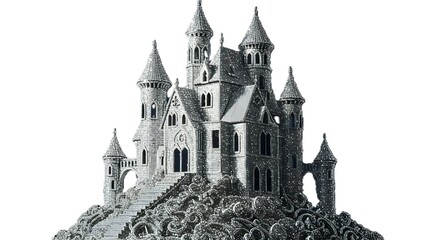 Obraz premium An intricate illustration of a silver rhinestone castle, sparkling with shimmering details and a glamorous, fantasy-like design.