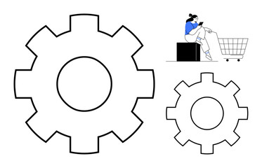 Two large interlocking gears, one smaller at the bottom right. Woman sitting on a cube with smartphone near a shopping cart. Ideal for business management, automation, e-commerce, technology