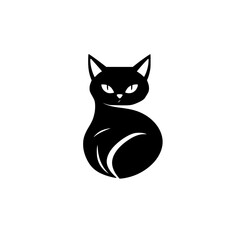Stylized Black Cat Silhouette on White Background, Smiling, Focused, Minimalist Illustration.