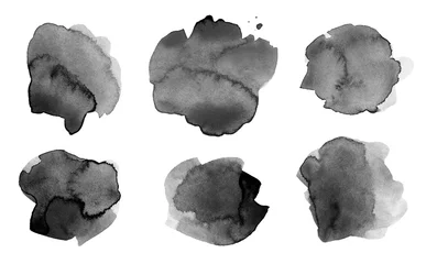 Fototapete Farben Im Wasser Ink watercolor hand drawn drop blot. Wet flow black color grain texture grunge stain on white background. Set.  © Liliia