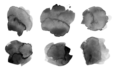 PNG Ink watercolor hand drawn drop blot. Wet flow black color grain texture grunge stain on transparent background. Set.