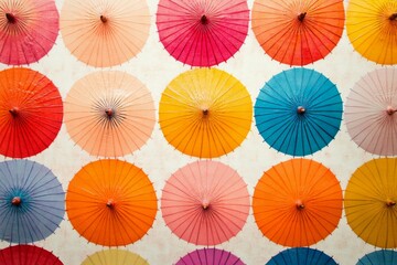 Colorful paper umbrellas arranged in a vibrant pattern on a wall