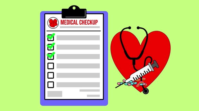 Animation of medical checkup tools with a heart background, signifying good and compassionate health care for patients.