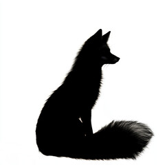 Obraz premium Silhouette of a majestic fox sitting gracefully, showcasing its bushy tail against a stark white background.