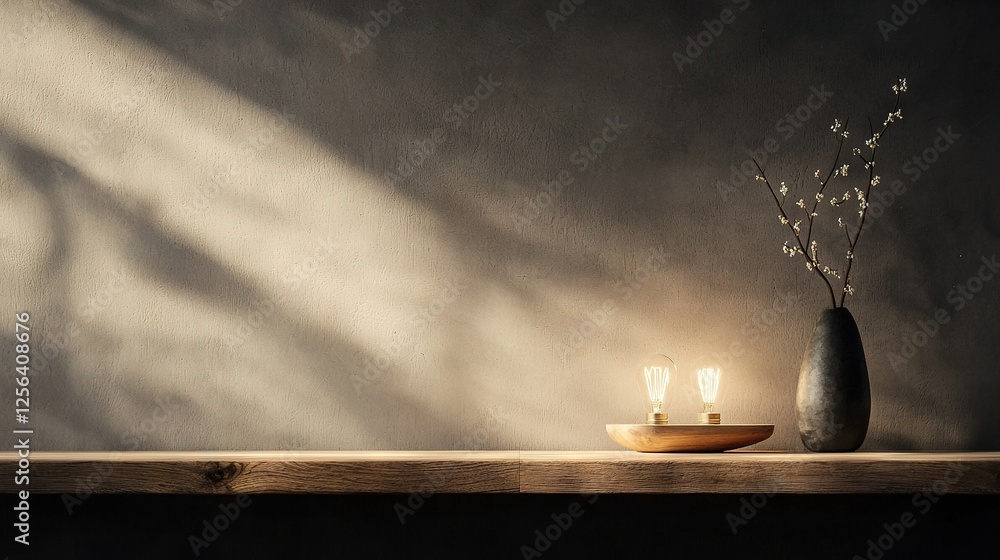 Canvas Prints a pair of vases rest atop a wooden shelf beside a vase with greenery inside