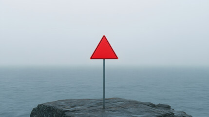 Red Warning Sign: Caution by the Water. A bright red triangle stands on a rock, alerting passersby to potential dangers near the ocean.