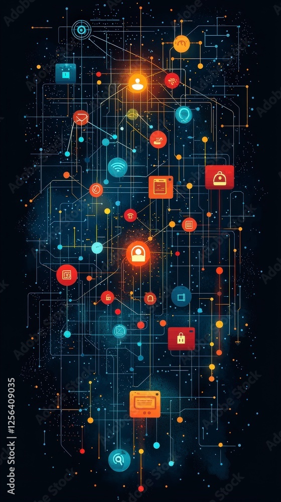 Poster this artistic representation features dynamic digital icons and links that emphasize security, conne