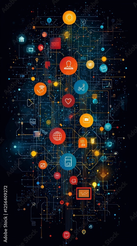 Poster the image portrays a colorful network of icons symbolizing human connection, social interaction, and