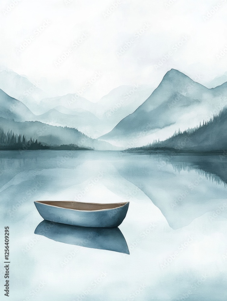 Aufkleber Serene watercolor illustration of a rowboat floating on a tranquil mountain lake under a blank sky for text. Generative AI