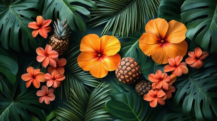 Obraz premium A colorful display of orange hibiscus flowers and pink plumeria blooms surrounds ripe pineapples. This tropical composition showcases nature's beauty in an inviting atmosphere