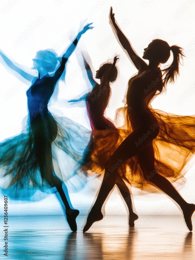 Poster dynamic silhouettes of dancers in vibrant motion against a clean white background with space for tex