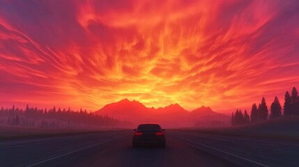 A car drives towards a fiery sunset. The sky is painted with vibrant hues of orange and red, casting a dramatic glow over the mountains and forest.