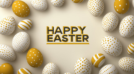 Happy Easter greeting with decorative golden and white eggs on elegant beige background, festive holiday celebration design with stylish speckled egg arrangement for seasonal decoration