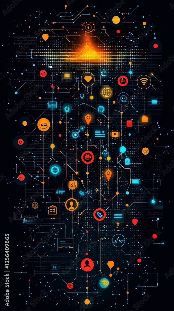 Poster a vibrant digital composition that embodies connectivity through an array of colorful icons and line