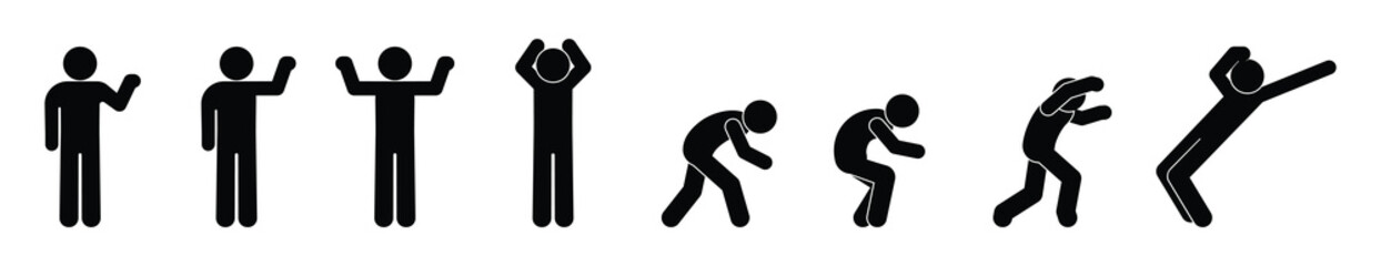 stick figure, set of icons people, basic movement, man poses, pictogram human silhouettes	
