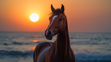Obraz premium Majestic Horse Standing Near Ocean at Sunset Beautiful Equine Portrait