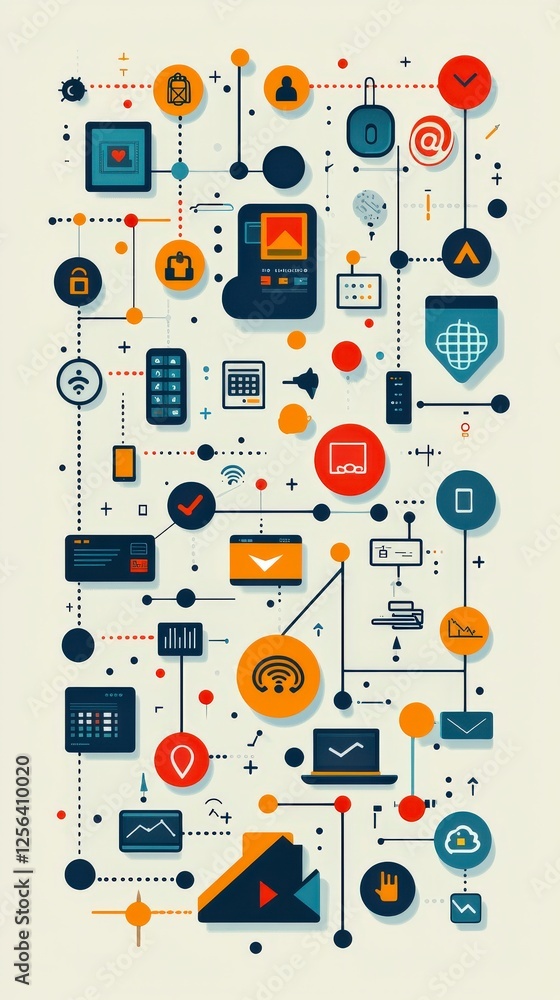 Poster this bright image features icons representing communication and data, interconnected with lines, emp