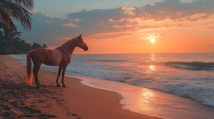 Horse on Beach at Sunset Serene Coastal Scene with Warm Colors