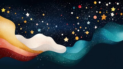  A painting featuring a star-studded night sky and a foreground filled with streamers streaming on platforms