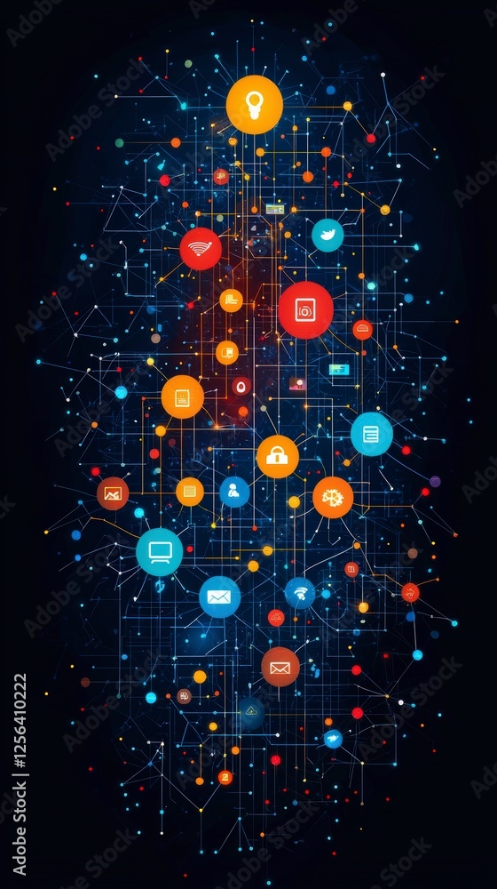 Poster this vibrant digital artwork features a network of communication icons interconnected with bold line