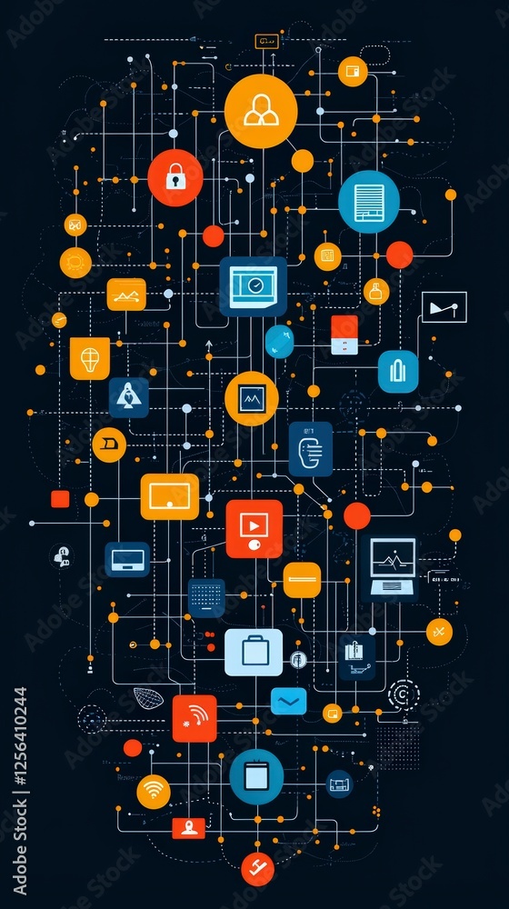 Poster a vibrant digital network visualization showcasing various interconnected icons representing technol