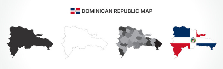 Detailed Dominican Republic Map Collection with Outline, Silhouette, Provinces, and Flag Overlay Variations