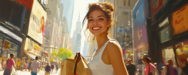 Fototapeta premium Smiling young caucasian female shopper in bustling urban street scene