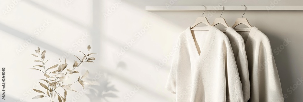 Poster minimalist clothing display showcasing neutral tones in a serene indoor space with soft lighting. ge