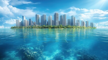 Fototapeta premium City built on tropical island surrounded by ocean and coral reef