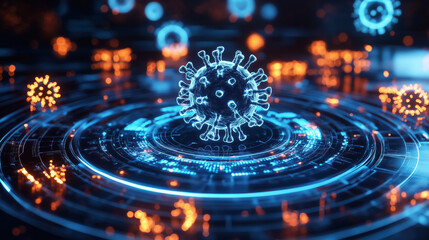Futuristic hologram showing rotating coronavirus particles on digital background