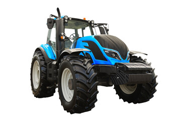Modern blue agricultural tractor, front view