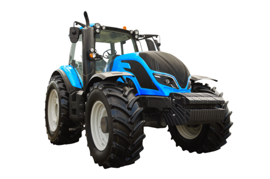 Modern blue agricultural tractor, front view