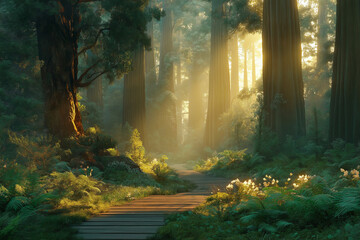 Obraz premium A misty green forest at sunrise with golden light filtering through ancient trees, creating a peaceful, enchanting atmosphere along a moss-covered pathway Generative AI