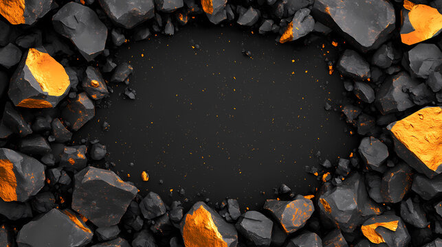 Abstract backgroun with black cobblestone ruins broken rocks roun frame an golden nuggets modern minimal showcase scene with blank space for product presentation. Lunar Ruins. Illustration