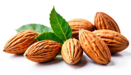 Almonds nut with leaves isolated on white background They are highly nutritious and rich in healthy fats or Highdensity lipoprotein HDL cholesterol antioxidants vitamins and minerals